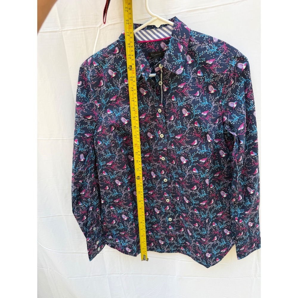 Talbots Womens XS Navy Pink Bird Floral Print Button Down Cotton Long Sleeve